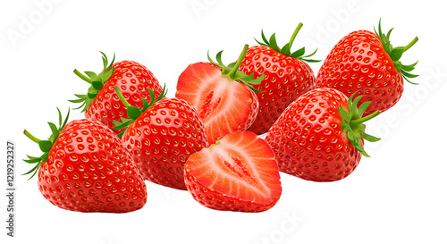 Fresh strawberries with vibrant red color and glossy texture, dynamically arranged as if thrown laterally, isolated on a transparent background.