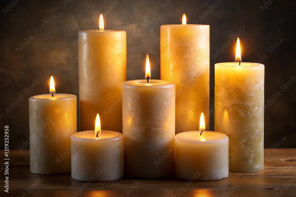 set of pillar candles with flames illuminated set of pillar candles with flames illuminated
