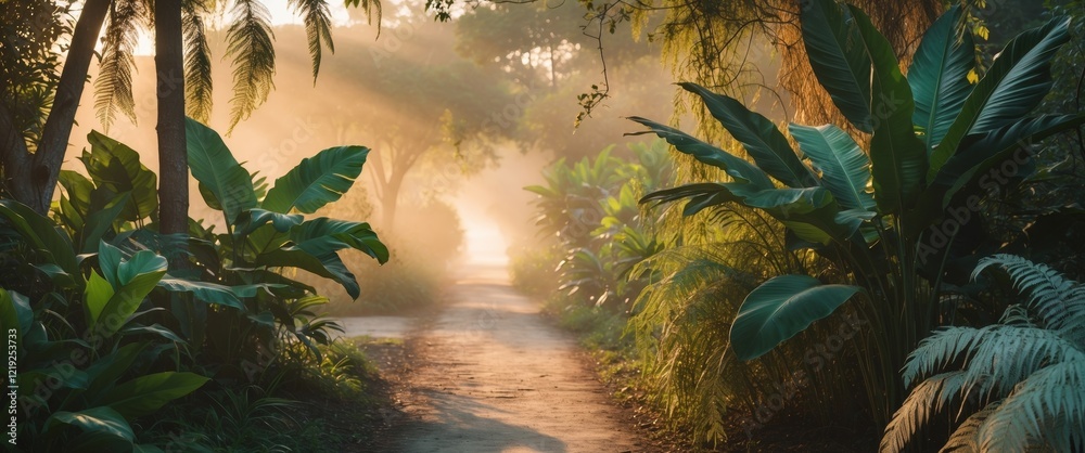 Evening light illuminating a tranquil footpath surrounded by lush tropical plants and vibrant foliage in a serene natural setting Evening light illuminating a tranquil footpath surrounded by lush tropical plants and vibrant foliage in a serene natural setting
