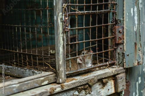 Small rodent trapped in a rusty cage is looking up, depicting concepts of captivity, loneliness, and hope