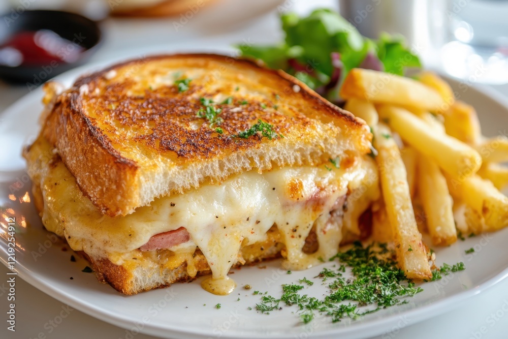 Delicious croque monsieur sandwich plated elegantly with golden crust and melted cheese, perfect for gourmet food lovers and culinary photographers Delicious croque monsieur sandwich plated elegantly with golden crust and melted cheese, perfect for gourmet food lovers and culinary photographers