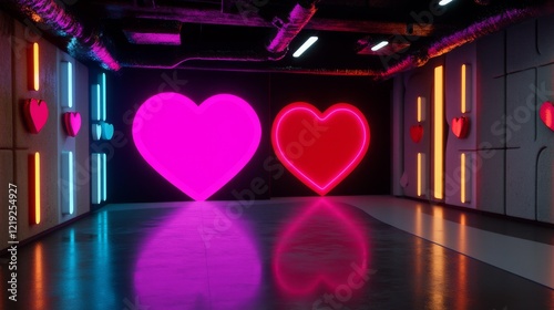 Game show stage with vintage neon lighting and romantic Valentine’s Day design. A vintage-inspired game show stage with glowing neon and love-themed decor.