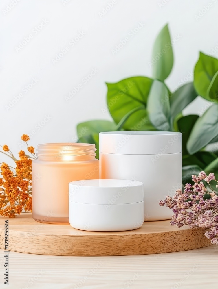 White Cream Jars and Candle on Wooden Tray with Green Leaves White Cream Jars and Candle on Wooden Tray with Green Leaves