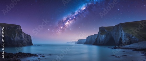 Vibrant night sky over tranquil seascape reveals a stunning view of the Milky Way galaxy and coastal cliffs. photo