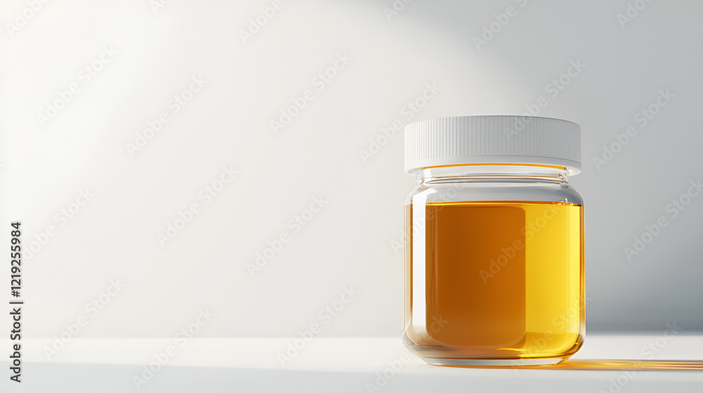 Amber liquid in a clear glass jar with a white lid, set against a minimalist white background. Ideal for product displays or packaging designs. Amber liquid in a clear glass jar with a white lid, set against a minimalist white background. Ideal for product displays or packaging designs.