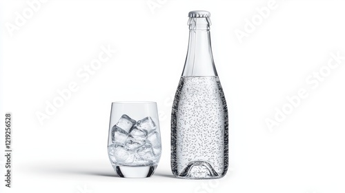A bottle of premium sparkling water with a clean design, placed next to a glass filled with ice, on a white background