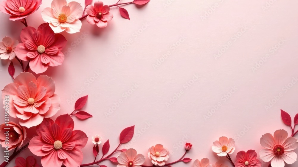 Delicate Paper Flowers Frame a Pastel Pink Background, Ideal for Elegant Invitations or Announcements Delicate Paper Flowers Frame a Pastel Pink Background, Ideal for Elegant Invitations or Announcements