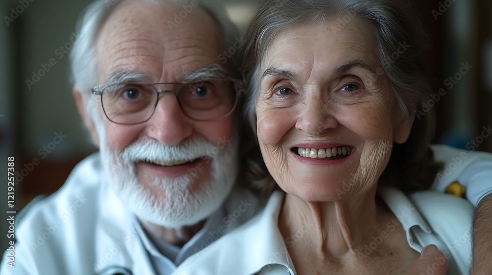 Smiling Elderly Couple: A Tender Portrait in Warm Lighting