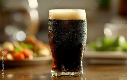 Frosty glass of dark beer with condensation placed beside blurred, inviting food imagery photo