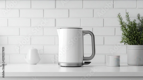 A modern electric kettle with a minimalist design, placed on a white kitchen counter, on a white  background
