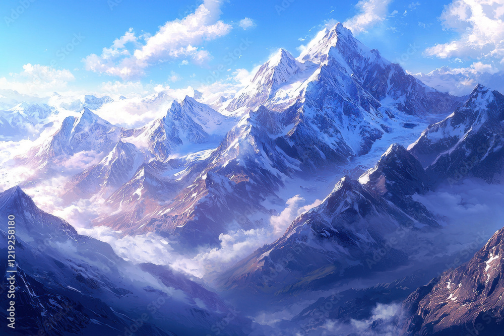 Fototapeta premium A breathtaking landscape of sharp snowy mountain peaks against a vibrant sky.