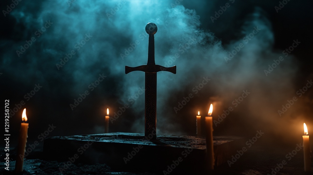 Naklejka premium Mystical Sword in the Dark: A Knight's Tale