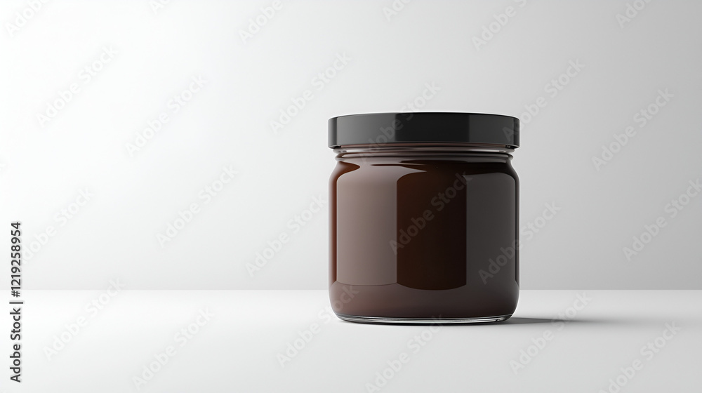Dark brown spread in a glass jar with a black lid, set against a minimalist white background. Perfect for food product packaging mockups. Dark brown spread in a glass jar with a black lid, set against a minimalist white background. Perfect for food product packaging mockups.