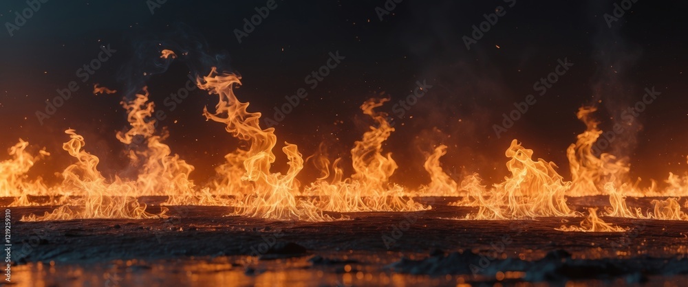 Fototapeta premium Fiery Landscape with Vibrant Flames Glowing Embers Abstract Background.