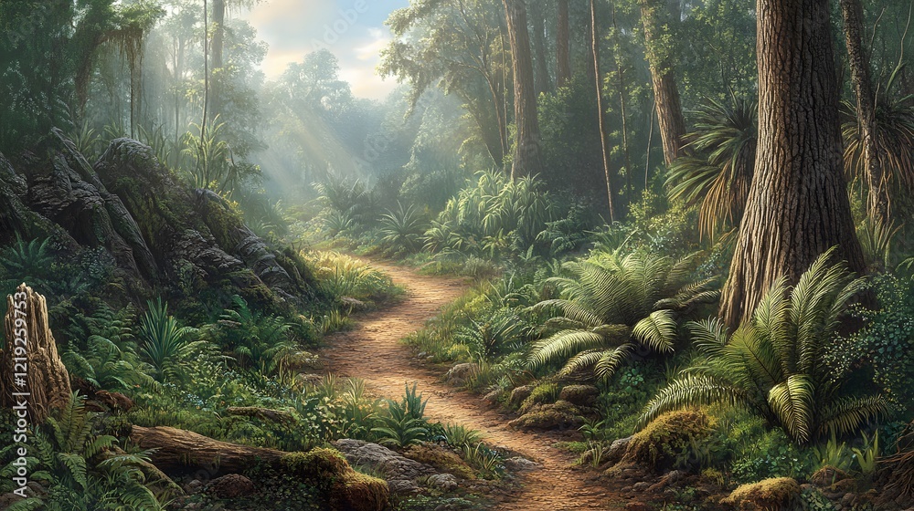 Obraz premium Serene Jungle Path Sunlit Forest Trail Lush Rainforest Scene