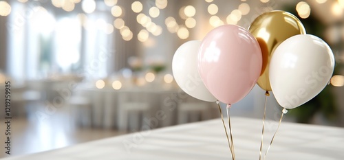Festive balloons on table, party venue background, celebration event