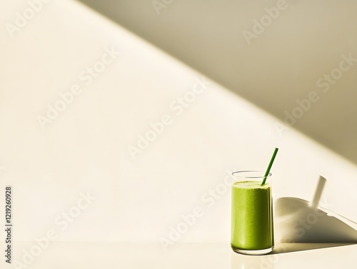 Fresh Green Smoothie in a Clear Glass with Straw, Bathed in Soft Natural Light and Cast Shadow, Perfect for Health and Wellness Themes