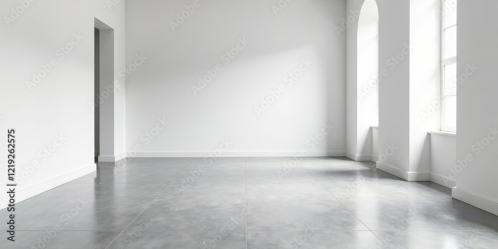 Empty room with gray floor and arched windows, showcasing minimalist interior design aesthetics