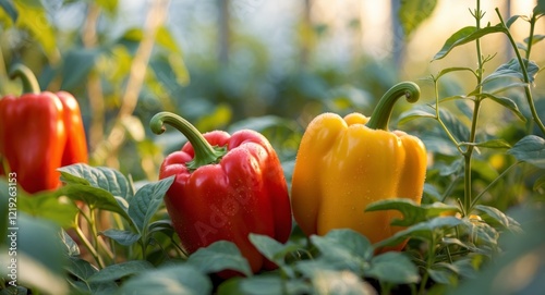 Red and yellow bell peppers growing in sunny greenhouse garden photo