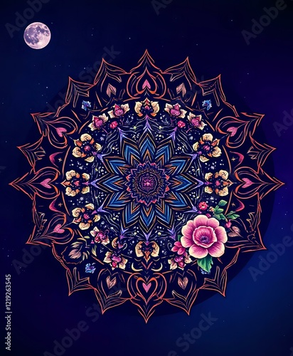 Vibrant Cosmic Mandala with Floral Patterns under Starry Night Sky