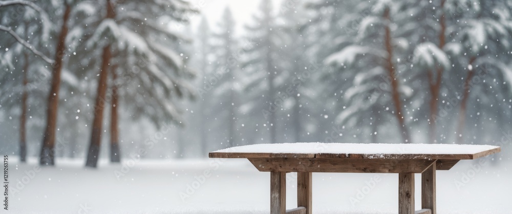 Rustic Wooden Table with Softly Blurred Pine Trees and Gentle Snowfall in a Serene Winter Landscape Rustic Wooden Table with Softly Blurred Pine Trees and Gentle Snowfall in a Serene Winter Landscape