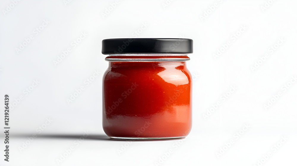 Glass jar filled with red sauce, sealed with a black lid. Perfect for culinary or food product photography. Glass jar filled with red sauce, sealed with a black lid. Perfect for culinary or food product photography.