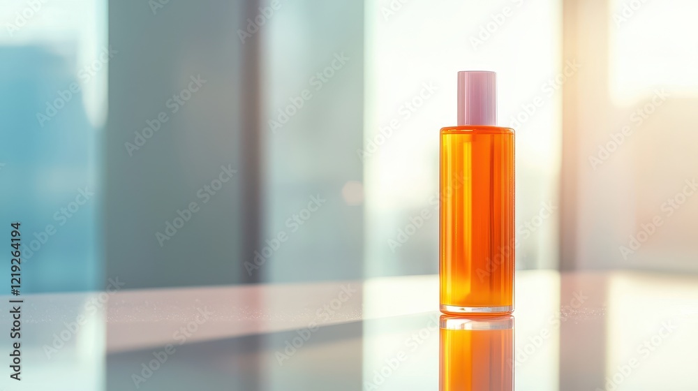 A bottle of high-end facial toner, displayed on a white countertop, with a delicate reflection, on a white background A bottle of high-end facial toner, displayed on a white countertop, with a delicate reflection, on a white background