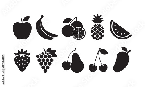 Set of Fruit Silhouettes, Black Vector Icons of Apples, Bananas, Berries, and Tropical Fruits