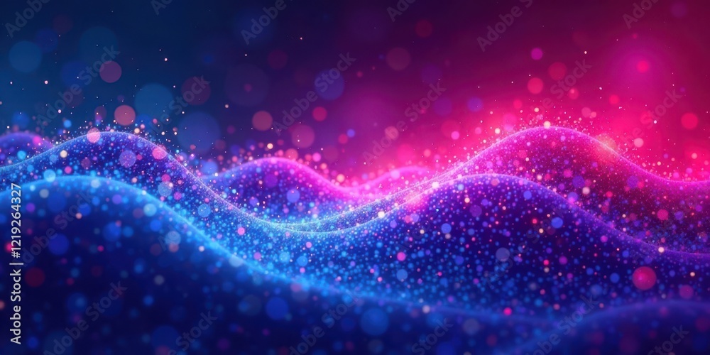 Fototapeta premium Abstract Glowing Particle Waves A Vibrant Digital Art Background Featuring Dynamic Blue and Pink Hues, Illuminated by Shimmering Lights and Bokeh Effects, Creating an Enchanting Visual Experience