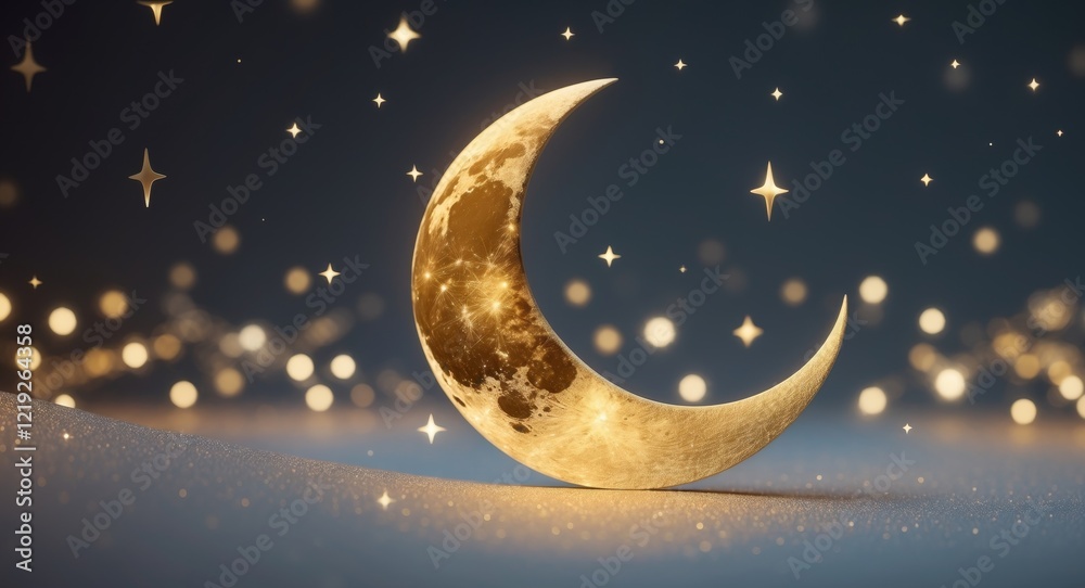 Naklejka premium Golden Crescent Moon and Stars Festive Background