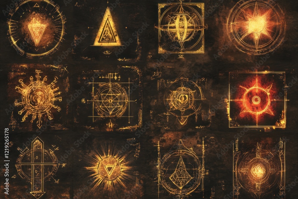 Naklejka premium Esoteric manuscripts featuring glowing glyphs in goldblackred style