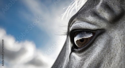 A close up of a horse's eye with a blue sky in the background