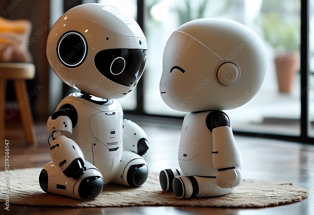 Naklejka premium Two humanoid robots engage in a playful interaction in a bright, inviting room filled with books and greenery, highlighting their design and capabilities.