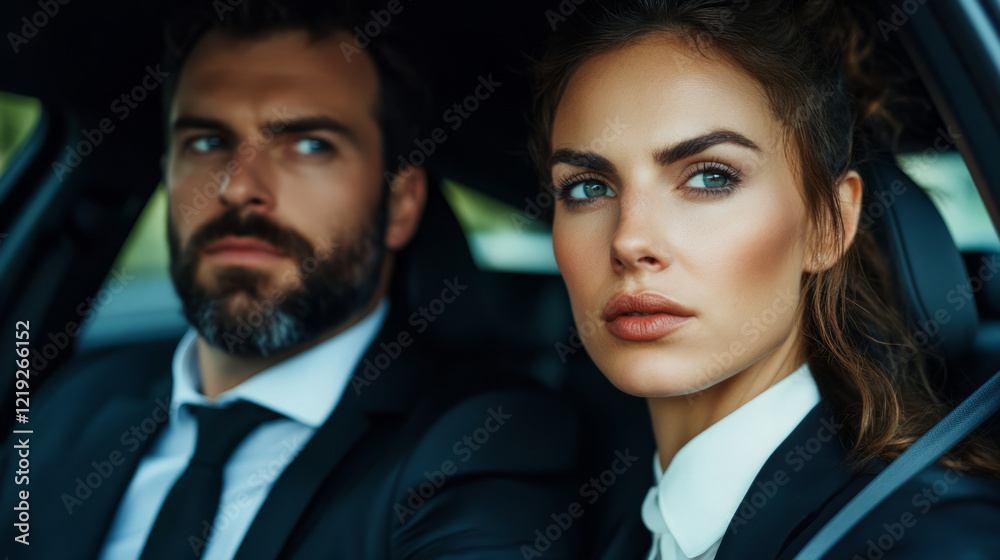 serious couple in car, focused on road ahead, dressed in formal attire. man has beard and woman has long hair, both displaying intense expressions