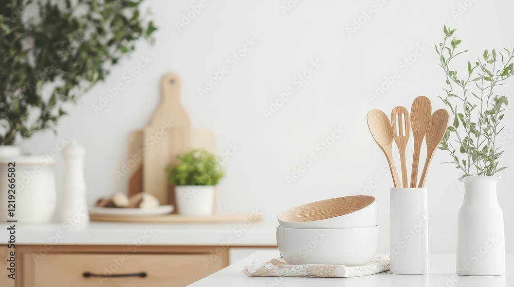 A set of premium eco-friendly bamboo utensils, displayed on a white table, on a white background A set of premium eco-friendly bamboo utensils, displayed on a white table, on a white background