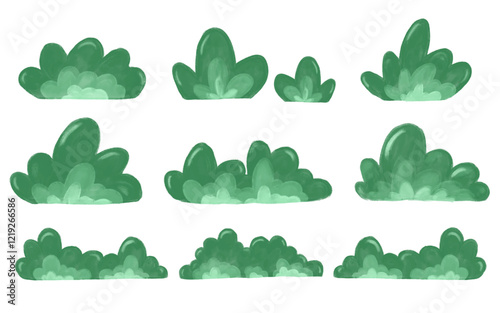 set collection of cute green grass spring watercolor illustration leaves garden park hand drawn bush botany decoration element vector clipart digital sticker hand drawn