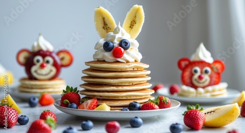 Funny animal faces pancakes with fruits for kids breakfast photo