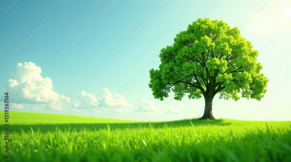 Fototapeta premium Serene Landscape Featuring a Lush Green Tree in a Verdant Meadow Under a Bright Sky
