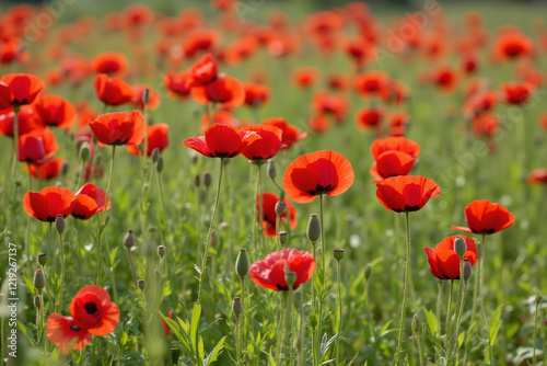 Field of red poppies swaying in green grass
