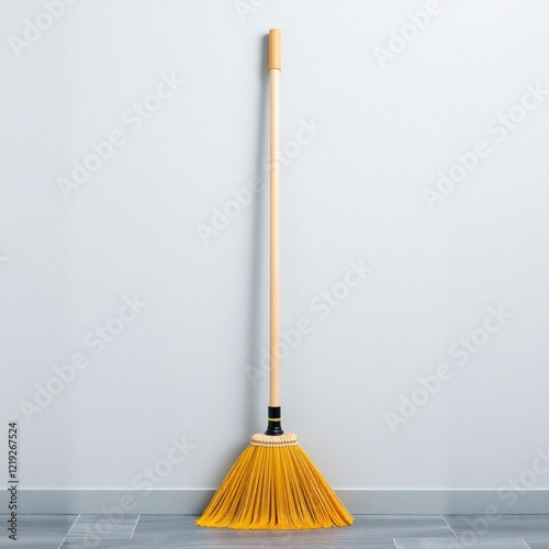 Broom on a modern gray wall.