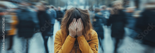 Panic attack in public place. Woman having panic disorder in city. Psychology, solitude, fear or mental health problems concept. photo