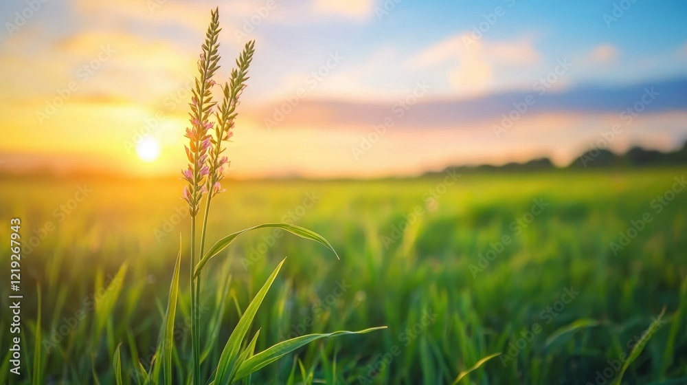 Tall flowering grass on green meadow at sunrise or sunset Tall flowering grass on green meadow at sunrise or sunset