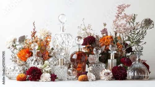 A collection of elegant glass perfume bottles, placed next to a floral arrangement, on a white isolated background