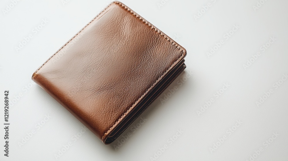 A luxurious leather wallet, placed on a white surface with soft lighting, on a white background A luxurious leather wallet, placed on a white surface with soft lighting, on a white background