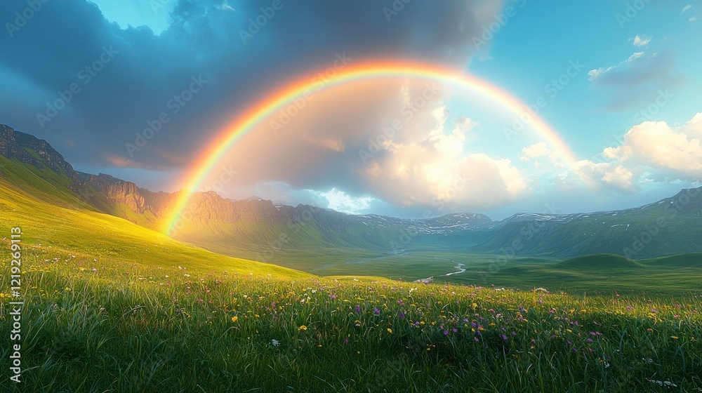 Naklejka premium Majestic Rainbow over Verdant Valley and Mountains