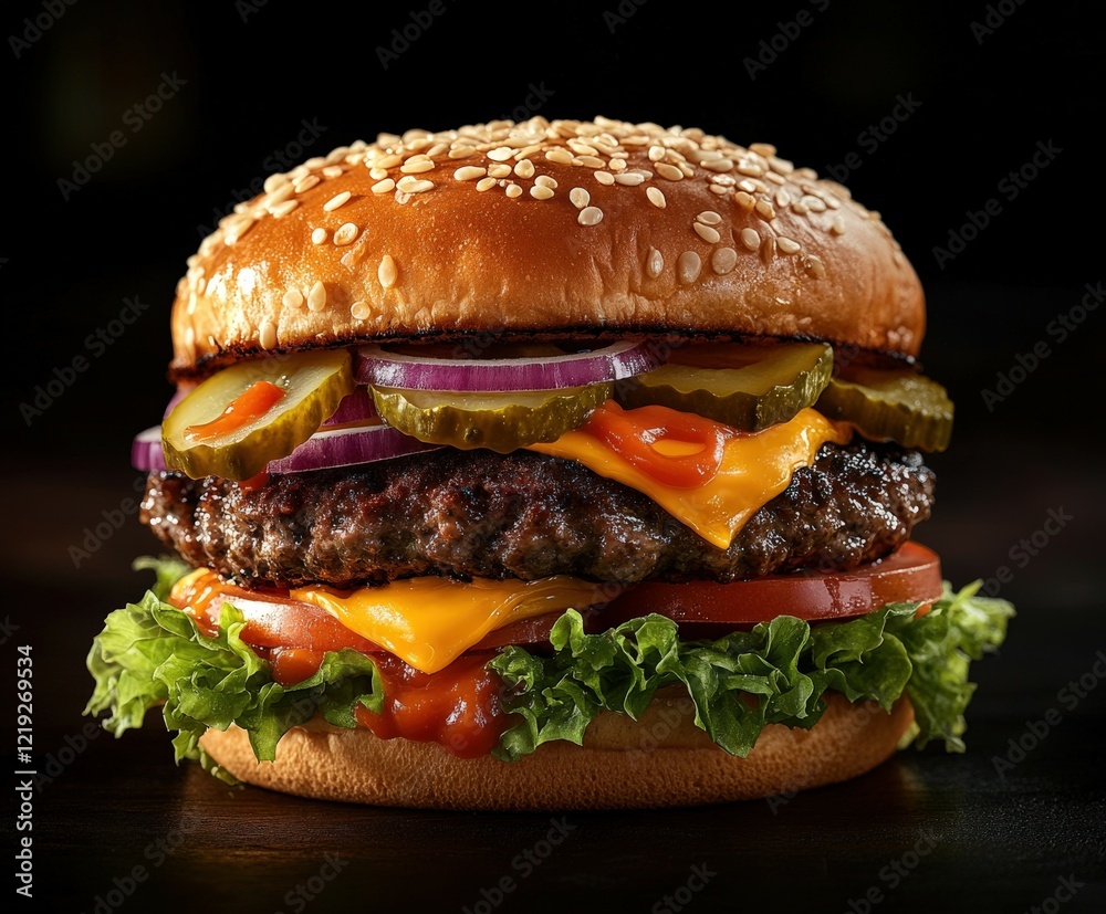 Juicy burger with fresh toppings on a dark background Juicy burger with fresh toppings on a dark background