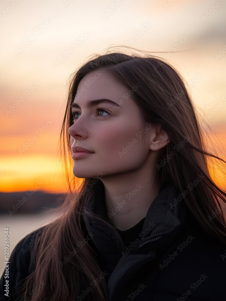 Fototapeta premium Young woman enjoying setting sun over lake or river