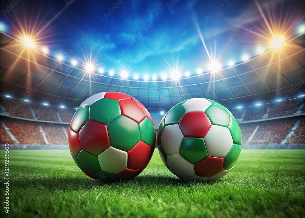 Fototapeta premium Portugal vs Bulgaria Soccer Match: National Team Footballs on Field - 3D Render