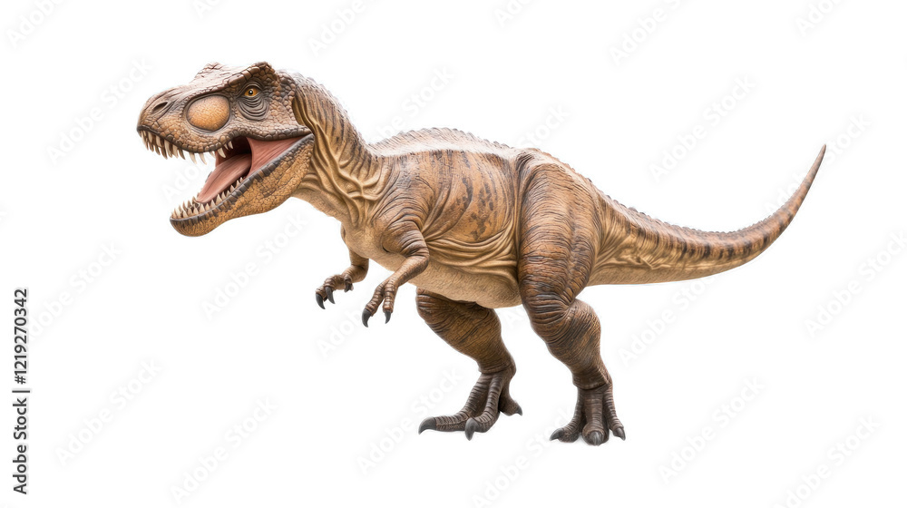 Fototapeta premium Realistic Tyrannosaurus Rex Dinosaur Model Ready for Action in a Naturalistic Pose, Ideal for Educational Purposes, Entertainment, and Creative Projects