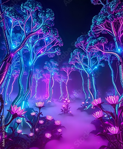 Neon Dreamforest: A Surreal Biomechanical Wonderland photo